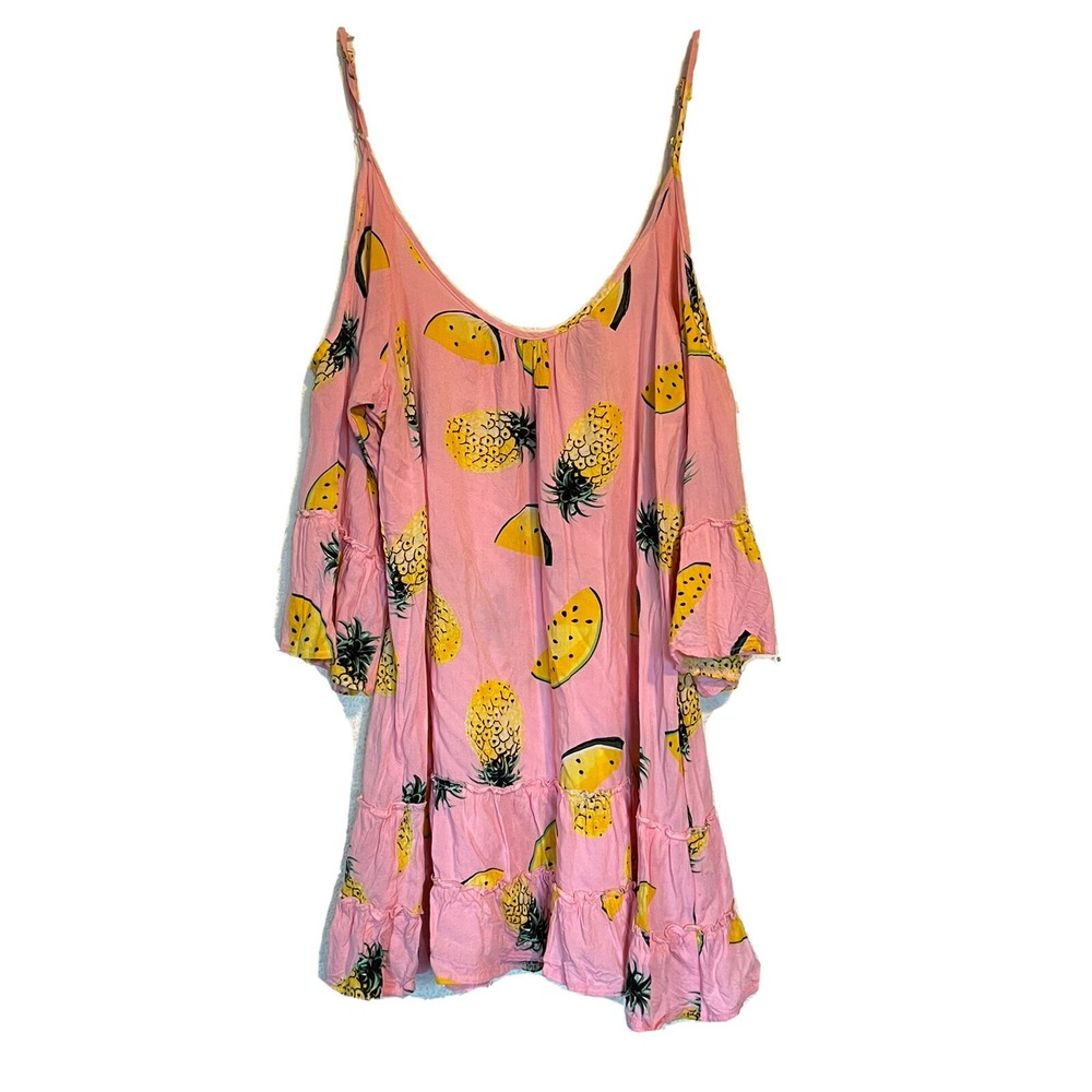 SOLITARE SWIM WOMENS BLOUSE TOP SIZE S PINK PINEAPPLE PRINT‎ COLD SHOULDER BP